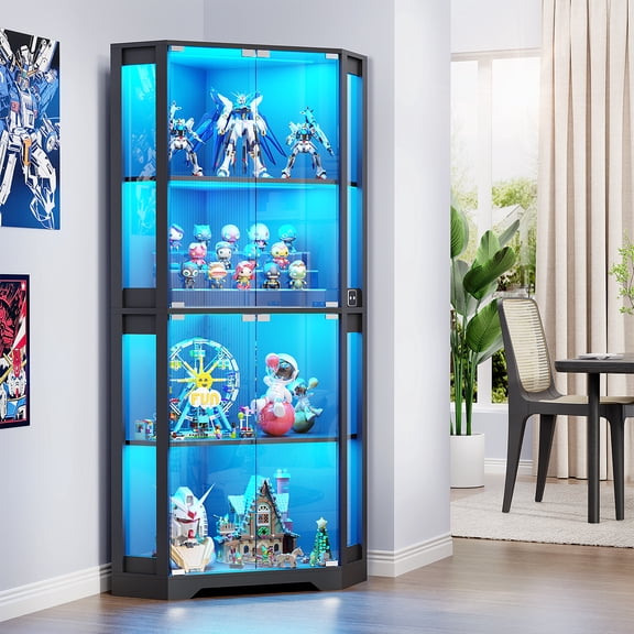 MIIFUNY Lighted Curio Cabinet with Glass Door, 65" Corner Display Cabinet with 4 Tier for Living Room, Black