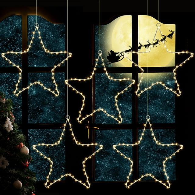 SAINSPEED 5 Pack Christmas Decoration Window Star Light, Hanging Star Light with Remote Control
