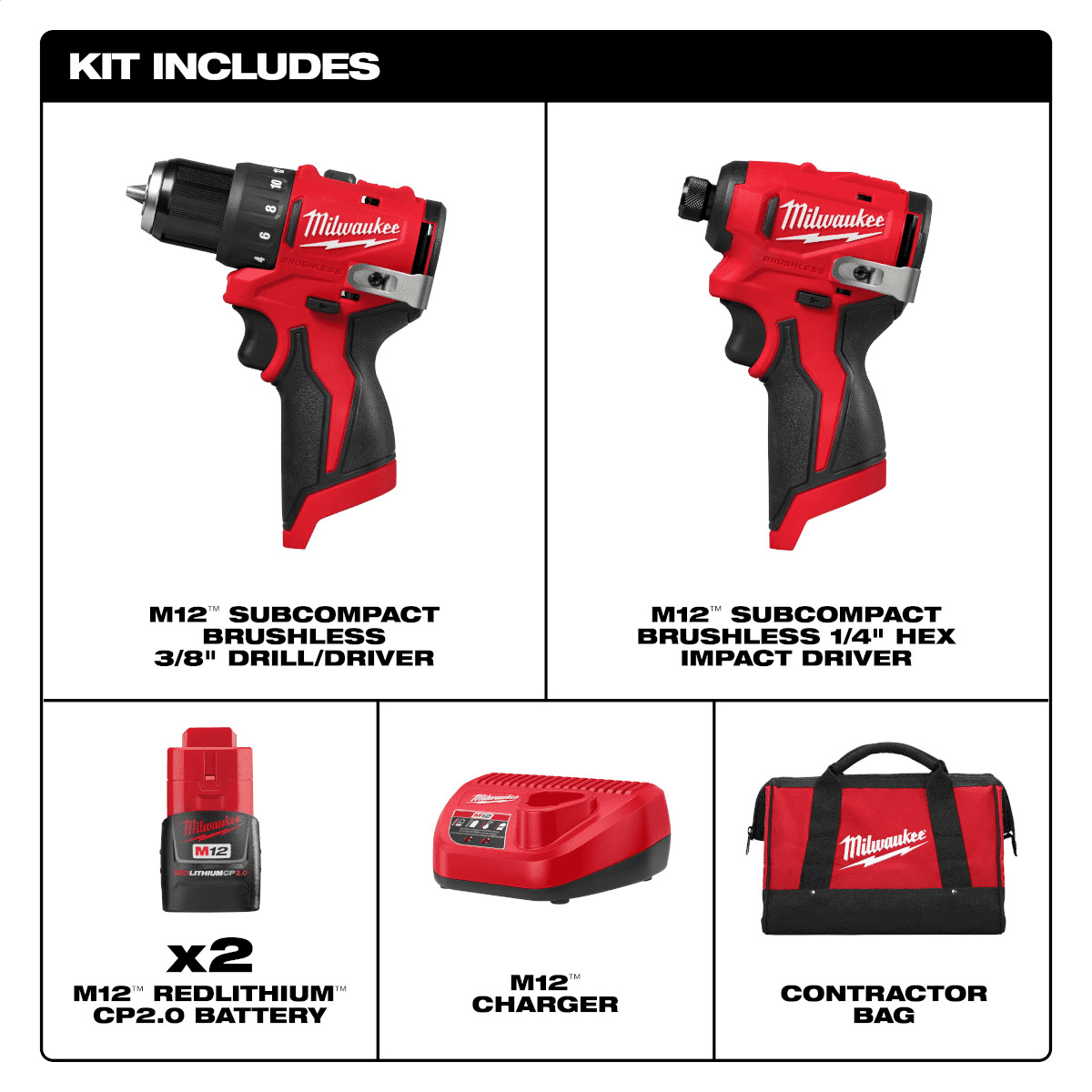 Milwaukee Tool M12 Subcompact Brushless 2-Tool Combo Kit