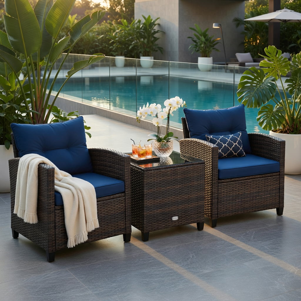 Hommoo 3-Piece Outdoor Rattan Patio Furniture Set with Cushioned Chairs & Tempered Glass Coffee Table, Navy