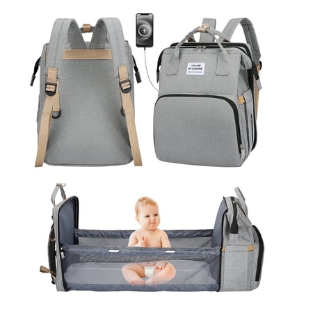 Mom Diaper Bag Backpack, Foldable Baby Bag with USB Charging Port, Large Capacity Baby Diaper Bag, Portable Bassinet for Baby Newborns Waterproof