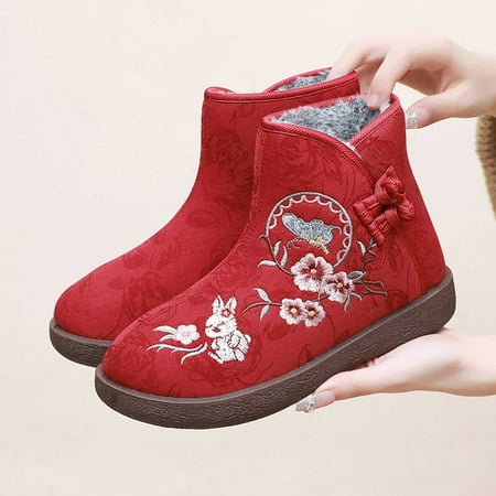 

WQJNWEQ Women s Flats Shoes Leisure Embroidered Ethnic Style and Fleece Thickened Warm Soft Sole Non-slip Casual Mother Cotton Shoes Comfort