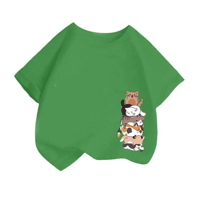LUOGENLI T-Shirt pour Filles, Mode Mignonne Imprimée, Décontracté, Col Rond, Manches Courtes, Été, Noir, Maxi, Vert, 12-14 Ans