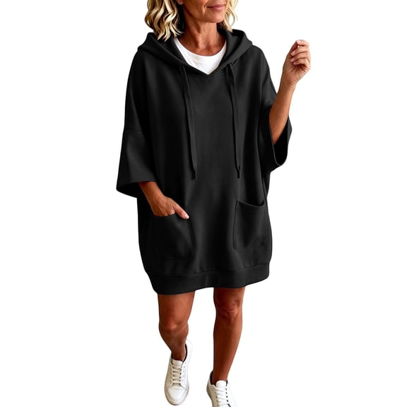 Yigetop Women's Oversized Short Sleeve Hoodie Dress, Loose Casual Sweatshirt Dress with Side Pockets Black L