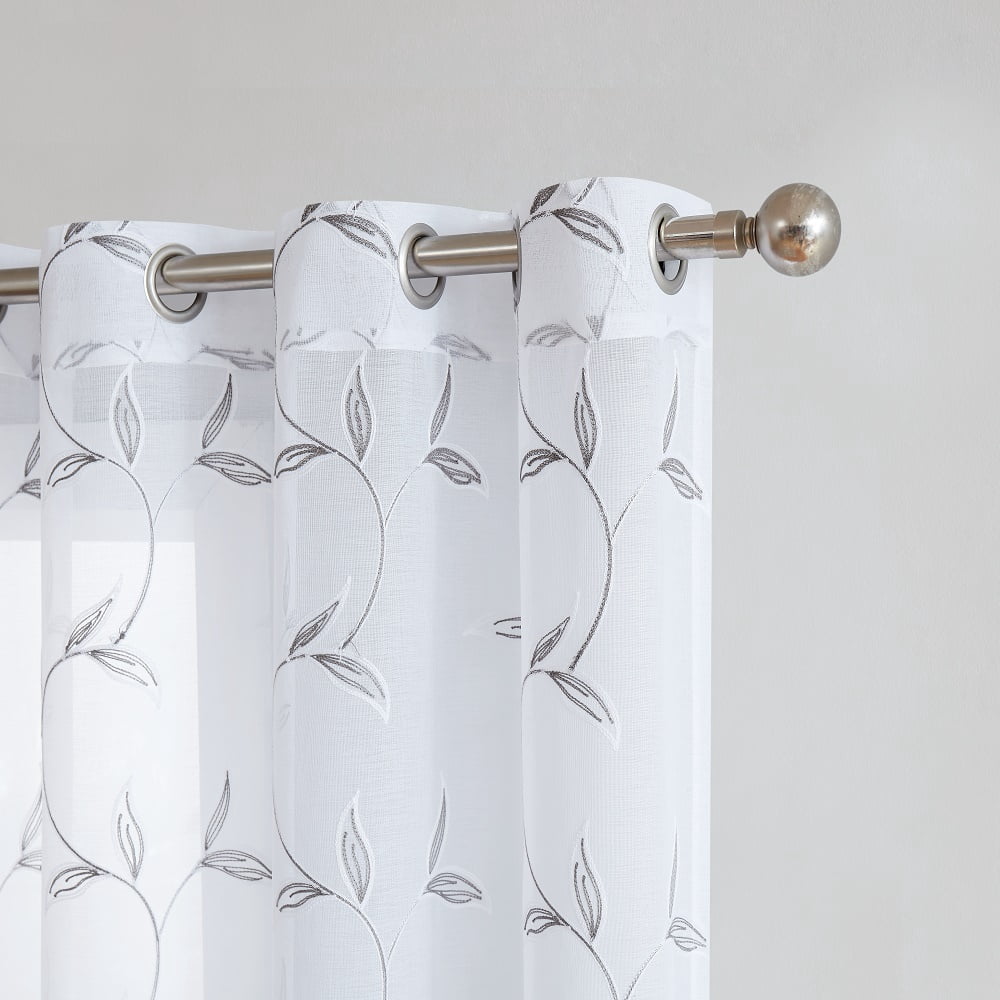 Warm Home Designs Pair of Short Length 54" x 63" Sheer White Curtains with Gray Charcoal Leaf Embroidery. M Charcoal 63