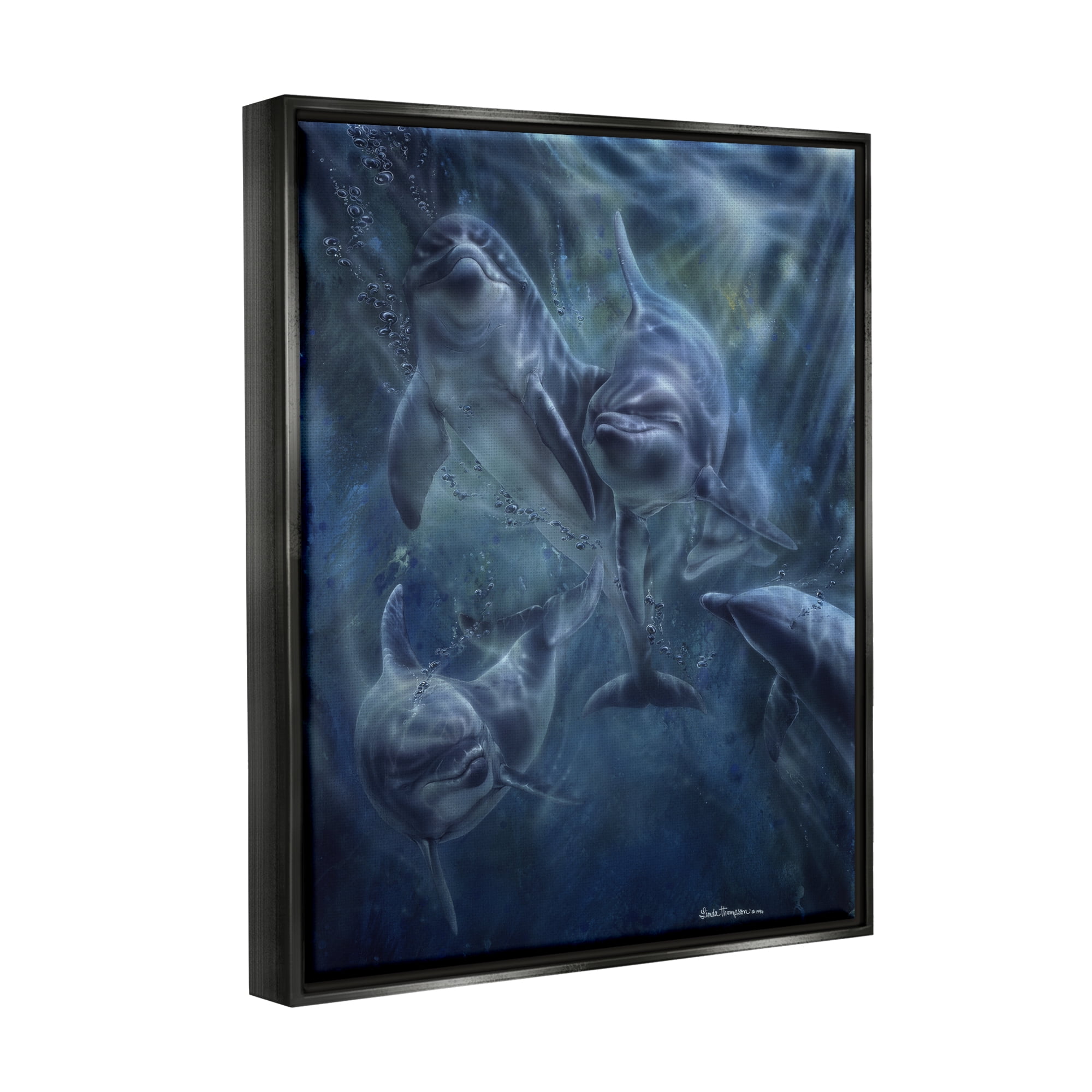 Stupell Industries Aquatic Dolphins Underwater Coastal Painting Black Floater Framed Art Print Wall Art