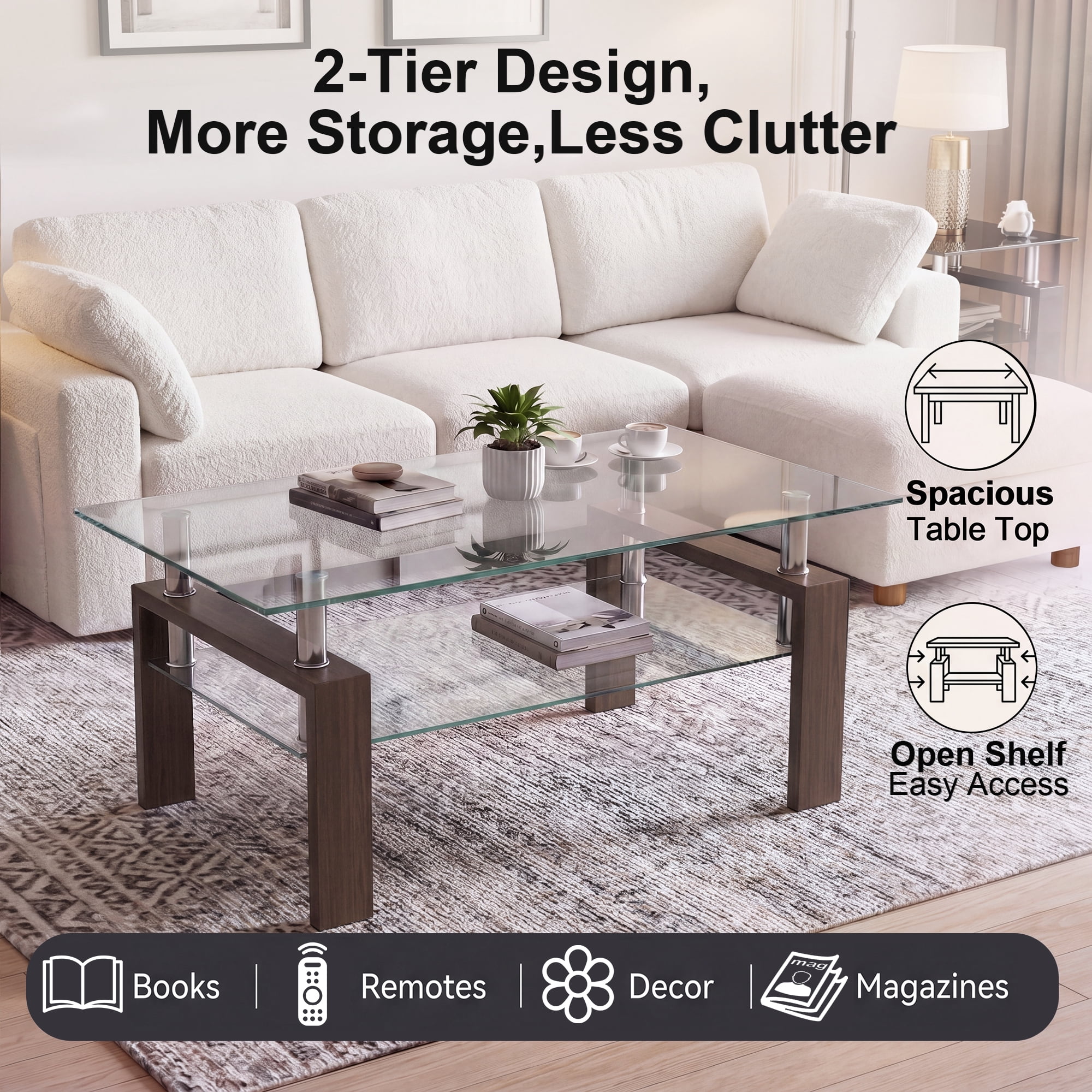 Glass Coffee Table with Lower Shelf, Holaki Modern Rectangular Tempered Glass Center Table with Metal Legs for Living Room, Walnut