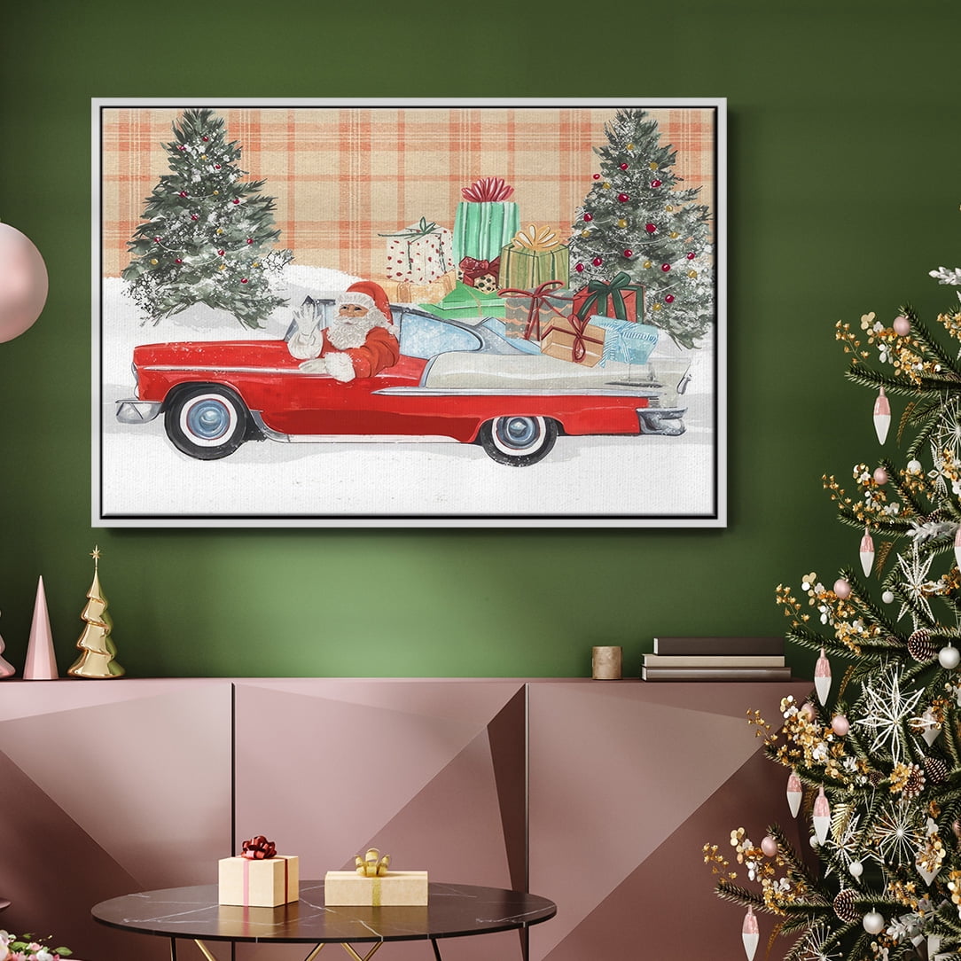 Santa on Wheels II - Framed Gallery Wrapped Holiday Canvas - 27 x 41 - White Frame