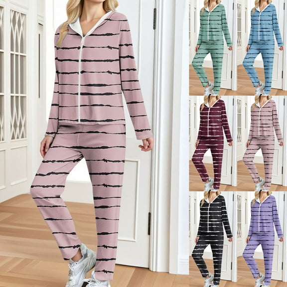 THDHVS 2 Piece Sets for Women,Women Fall Clothes,Sets for Women 2 Piece Stripe Print Set Zip Up Hooded Jacket and Elastic Waist Pants Outfits for Women Loungewear Green L