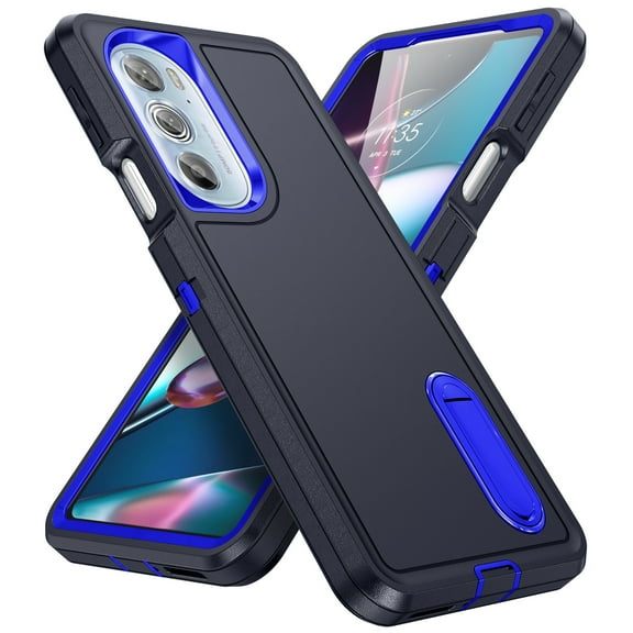for Motorola Moto Edge 30 Pro Case Kickstand Durable 3-Layer Military Grade Protective Cover Hybrid Silicone Heavy Duty Rugged Shockproof Screen Lip Raised Protection Cover,Darkblue Royalblue