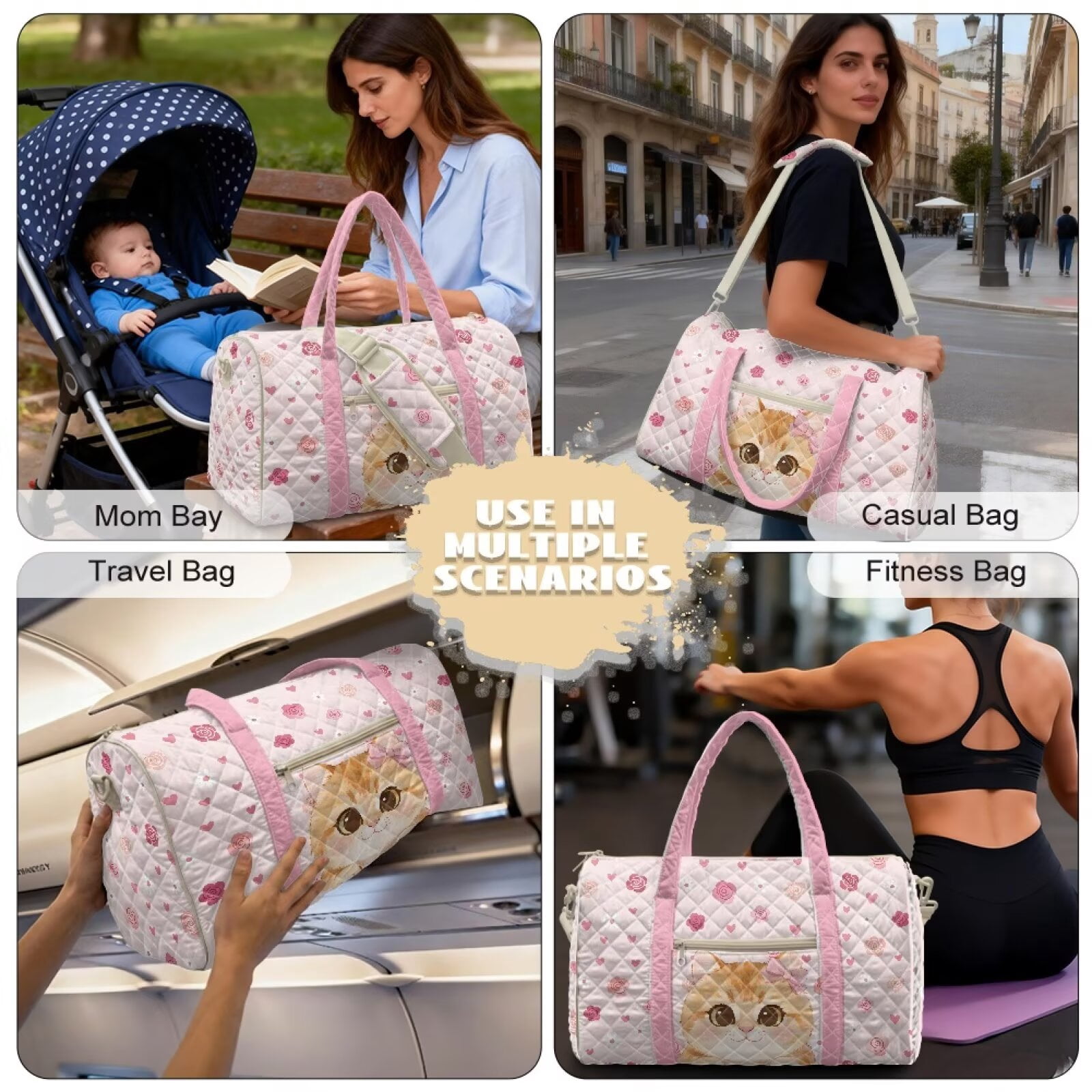 Garronmavis Cute Pink Cat Print Large Quilted Duffle Bag for Women, Weekender Travel Overnight Carry On Gym Dance Bag with Zipper Pockets for Travel, Work