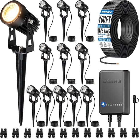SUNVIE All-in-One LED Low Voltage Landscape Lighting Kit, 12 Pack Lights with Transformer 100FT Wire