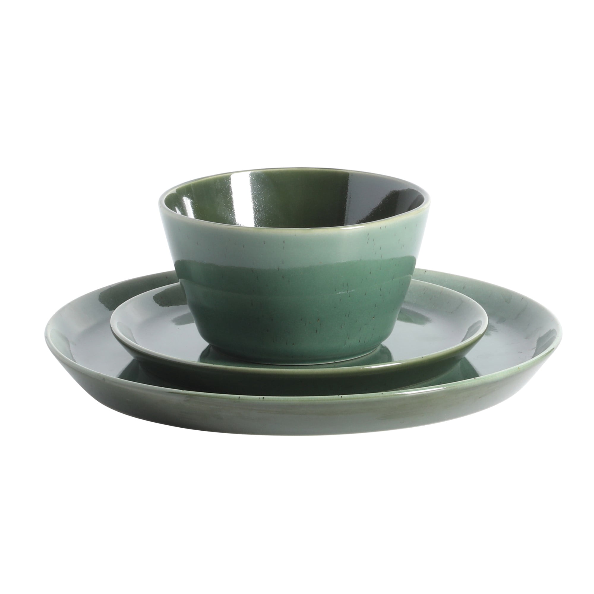 Gibson Elite 12 Piece (Service for 4) Fern Canyon Reactive Glaze Modern Coupe Dishes Stoneware Dinnerware Set - Glossy Green