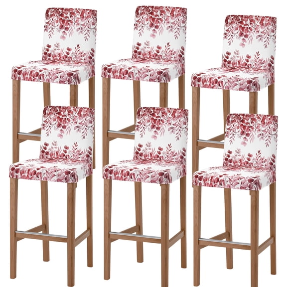 Red Eucalyptus Bar Stool Cover Set of 6, Spring Summer Farmhouse Leaves Watercolor Stretch Bar Chair Cover, Removable Washable Pub Counter Stool Chair Slipcover for Kitchen Dining Room Pub Cafe