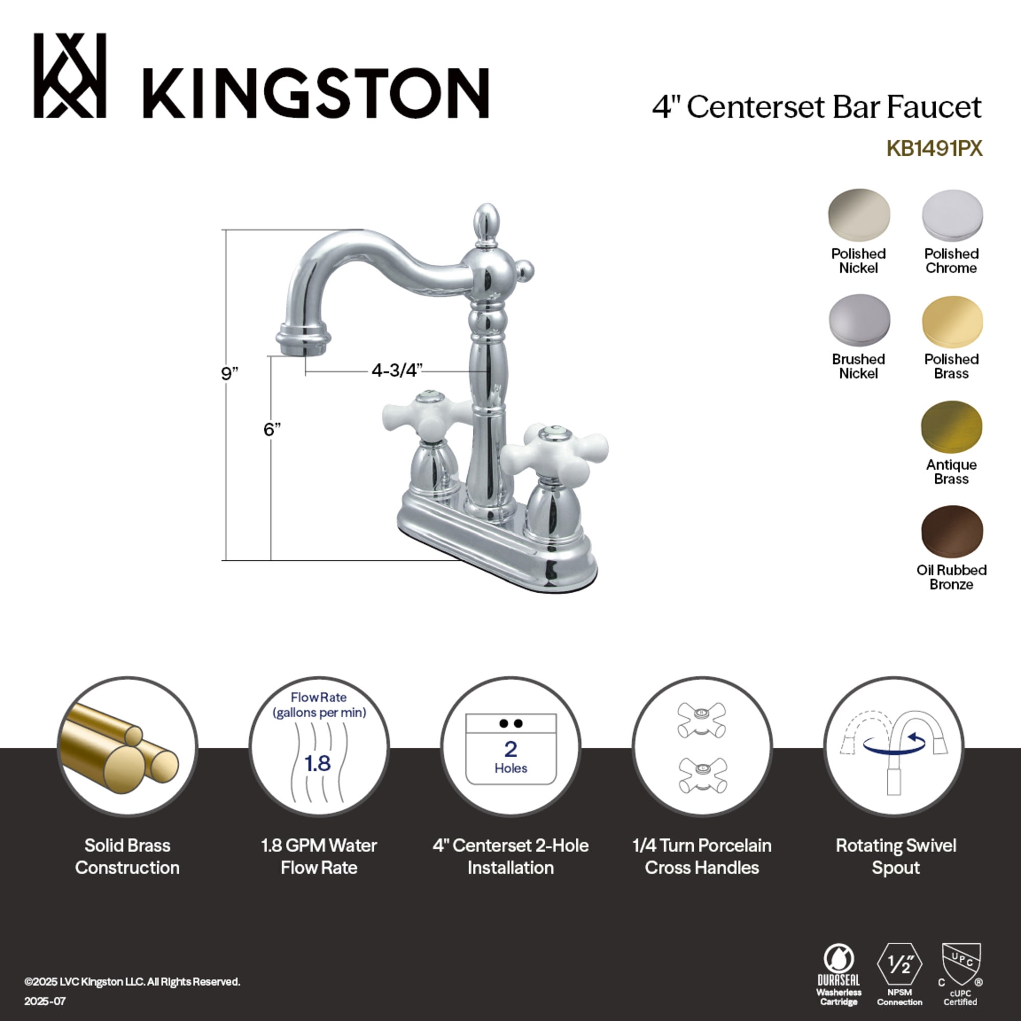 Kingston Brass KB1493PX Heritage Two-Handle 2-Hole Deck Mount Bar Faucet in Antique Brass