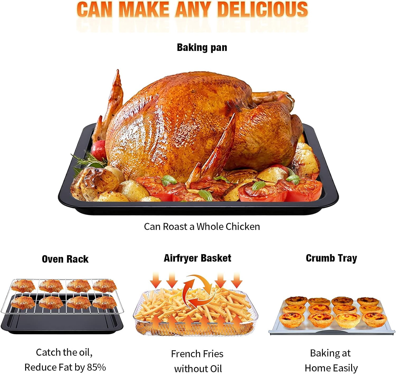 6 Slice 26QT/26L Air Fryer Fry Oil-Free, Extra Large Toaster Oven Combo, Air Fryer Oven, Roast, Bake, Broil,Convection Countertop Oven, Accessories Included, Stainless Steel