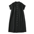 thumbnail image 2 of Fartey Cotton Linen Shirt Dress for Women Casual Button Up Crew Neck Short Sleeve Dresses Loose Flowy Solid Color Sundress Black 2XL, 2 of 8