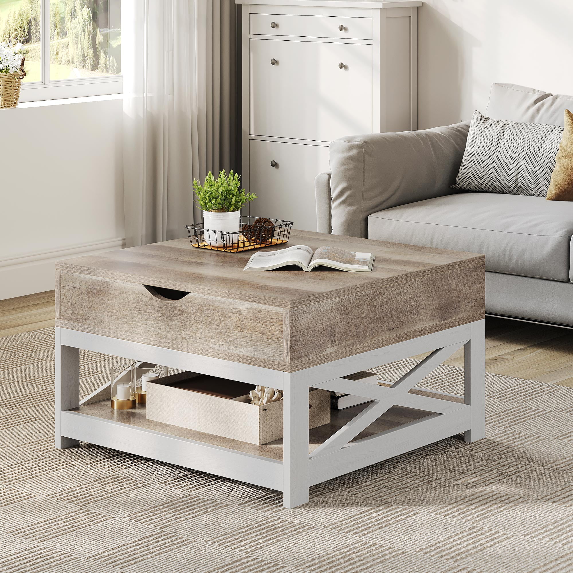 DWVO Farmhouse Lift Top Coffee Table w/ Hidden Storage Square Center ...