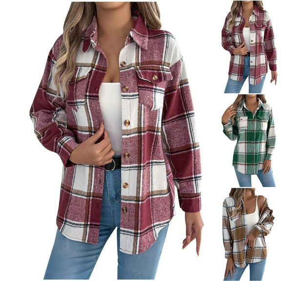 LSLJS Flannel Shirt for Women Lapel Long Sleeve Button Down Shirts Fashion Casual Plaid Shirts Fall Clothes, S-L