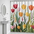thumbnail image 5 of Spring Floral Shower Curtain for Bathroom Decor, Cartoon Red Pink Yellow Flowers Green Farm Leaves Waterproof Fabric Shower Curtain, 48"x72" Set with 12 Hooks, 5 of 9