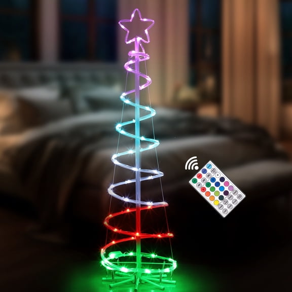 1.2M/4ft Remote-Controlled 16-Color Spiral LED Tree Light – Plug-In Star-Top Indoor Festive Decor for Christmas & Daily Ambiance