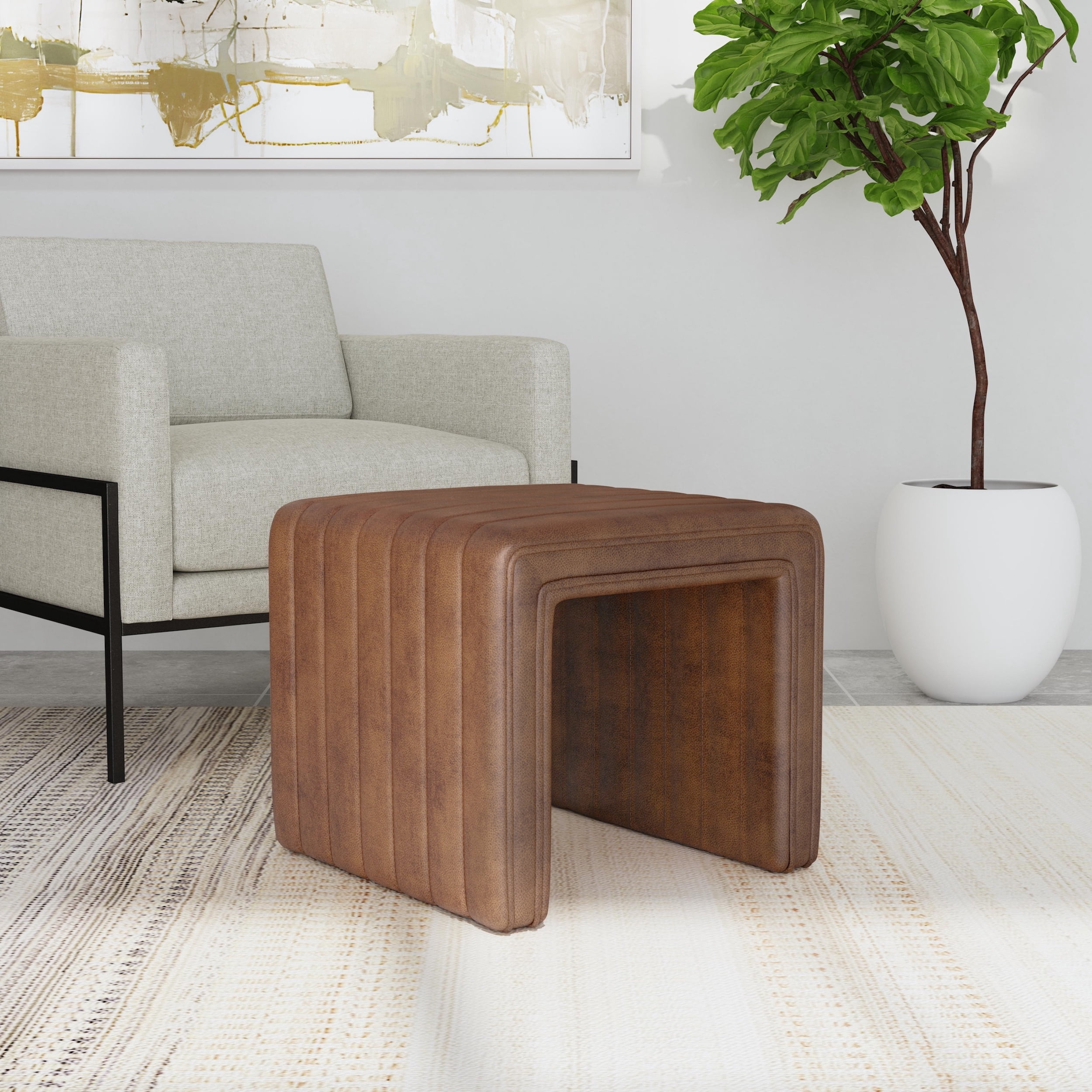 HomePop Modern Channel Ottoman, Brown Faux Leather