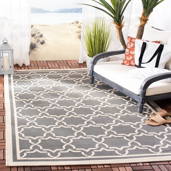 SAFAVIEH Courtyard Allison Geometric Bordered Indoor/Outdoor Area Rug, 5'3" x 5'3" Square, Anthracite/Beige