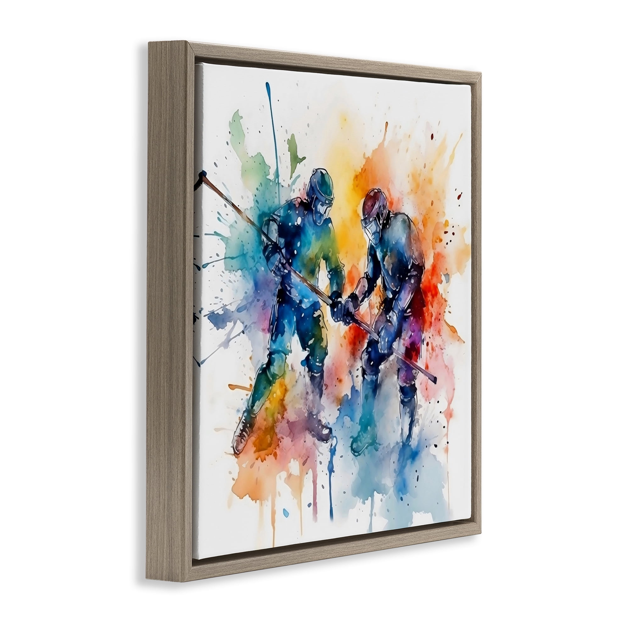 Stupell Industries Watercolor Hockey Faceoff Brown Framed Floater Canvas Wall Art, design by Creative Studio