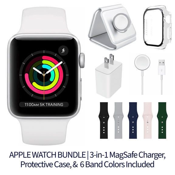 Restored Apple Watch Series 3 Bundle - 38mm GPS Cellular Silver (2017) - 3-in-1 MagSafe Charger, Protective Case & 6 Bands Included (Refurbished)