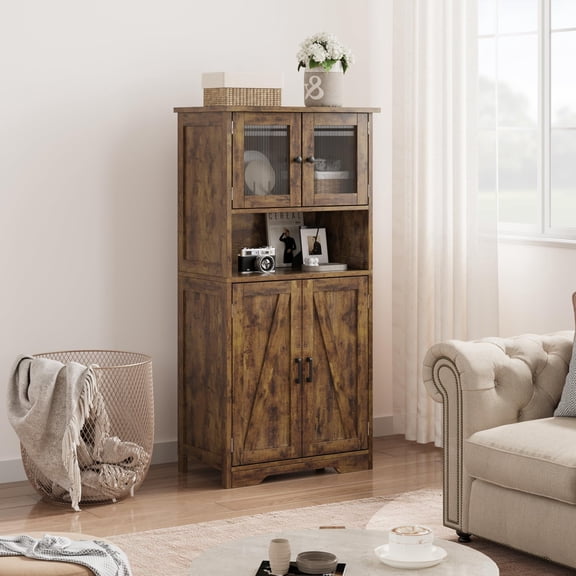 Bathroom Cabinet, Freestanding Floor Linen Storage Cabinet, Kitchen Pantry Storage Cabinet with Glass Doors & Adjustable Shelves, Standing Cupboard,Storage Cabinet for Living Room, Brown