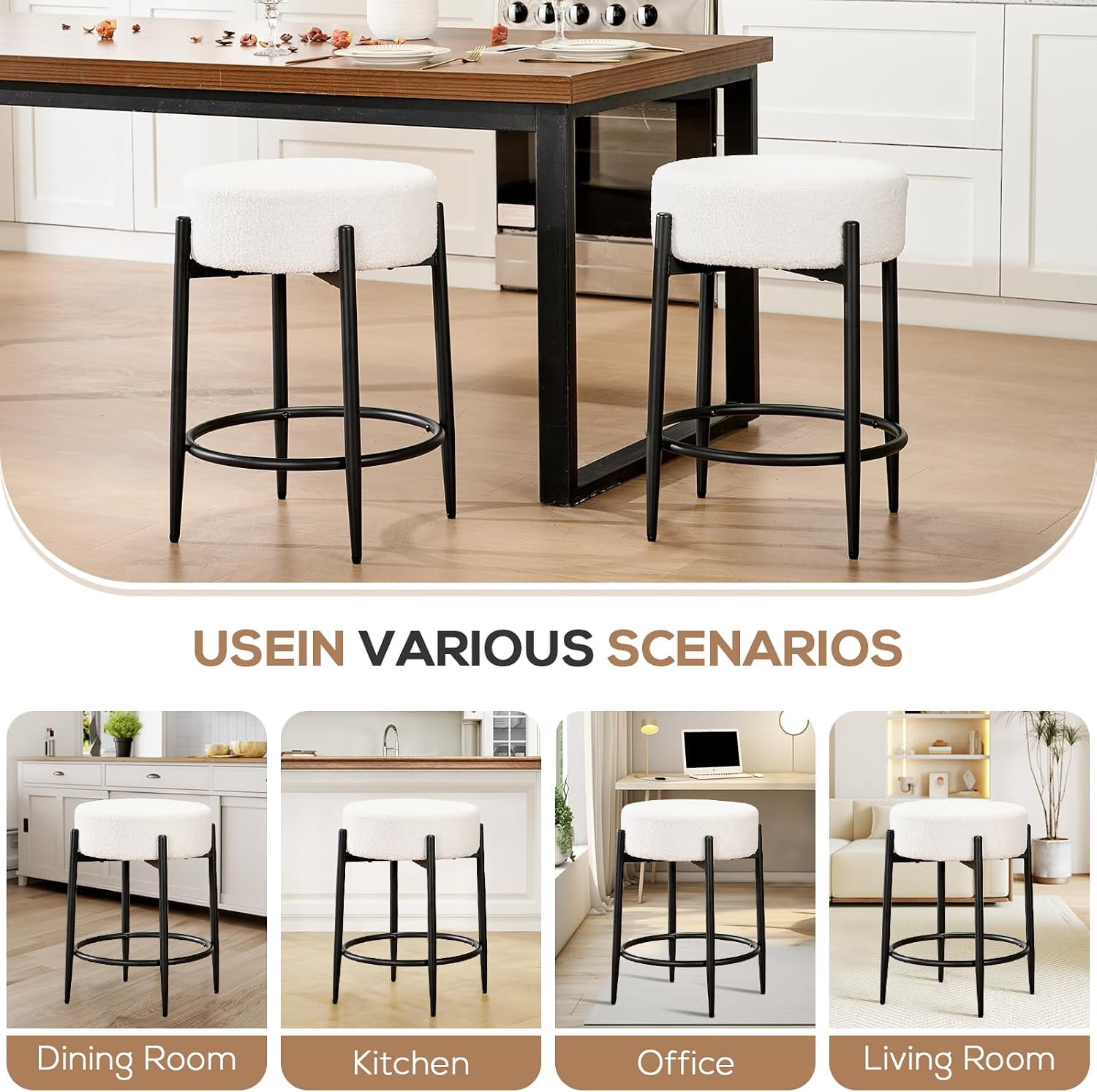 CLOUDREST PRO 24”Counter Height Bar Stools, Modern Velvet Bar Stools, Dinning Chair with Steel Legs for Kitchen Island - White, Set of 4
