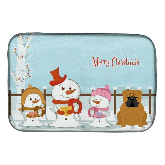 Merry Christmas Carolers English Bulldog Red Dish Drying Mat