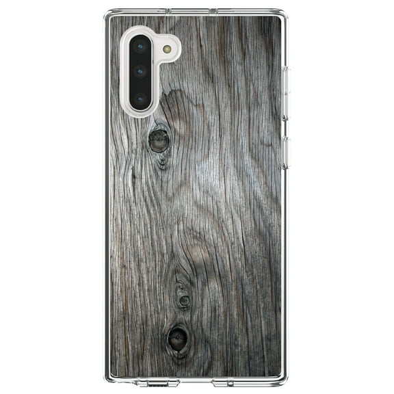 DistinctInk Clear Shockproof Hybrid Case for Samsung Galaxy Note 10 (6.3" Screen) - TPU Bumper, Acrylic Back, Tempered Glass Screen Protector - Grey Weathered Wood Grain Print - Printed Wood Image