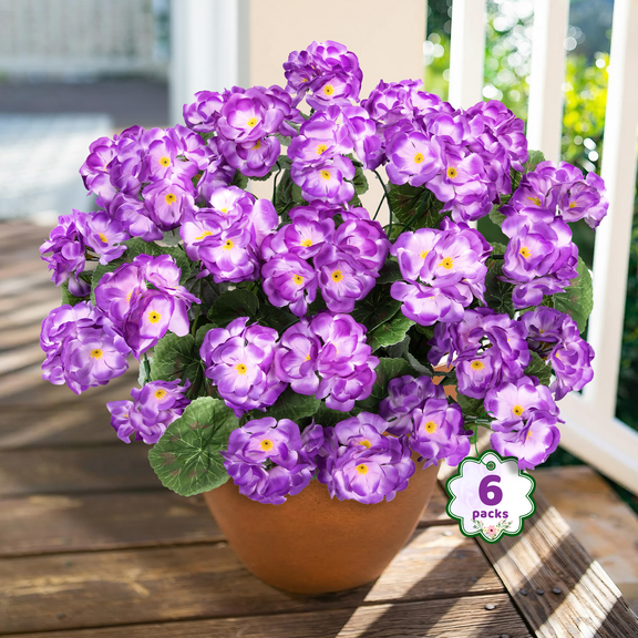 Scidweet Artificial Geraniums Flowers, 6 Bundles 21'' Fake Faux Flowers for Spring Summer Indoor Outdoor Table Patio Porch Yard Garden Home Decor, Purple
