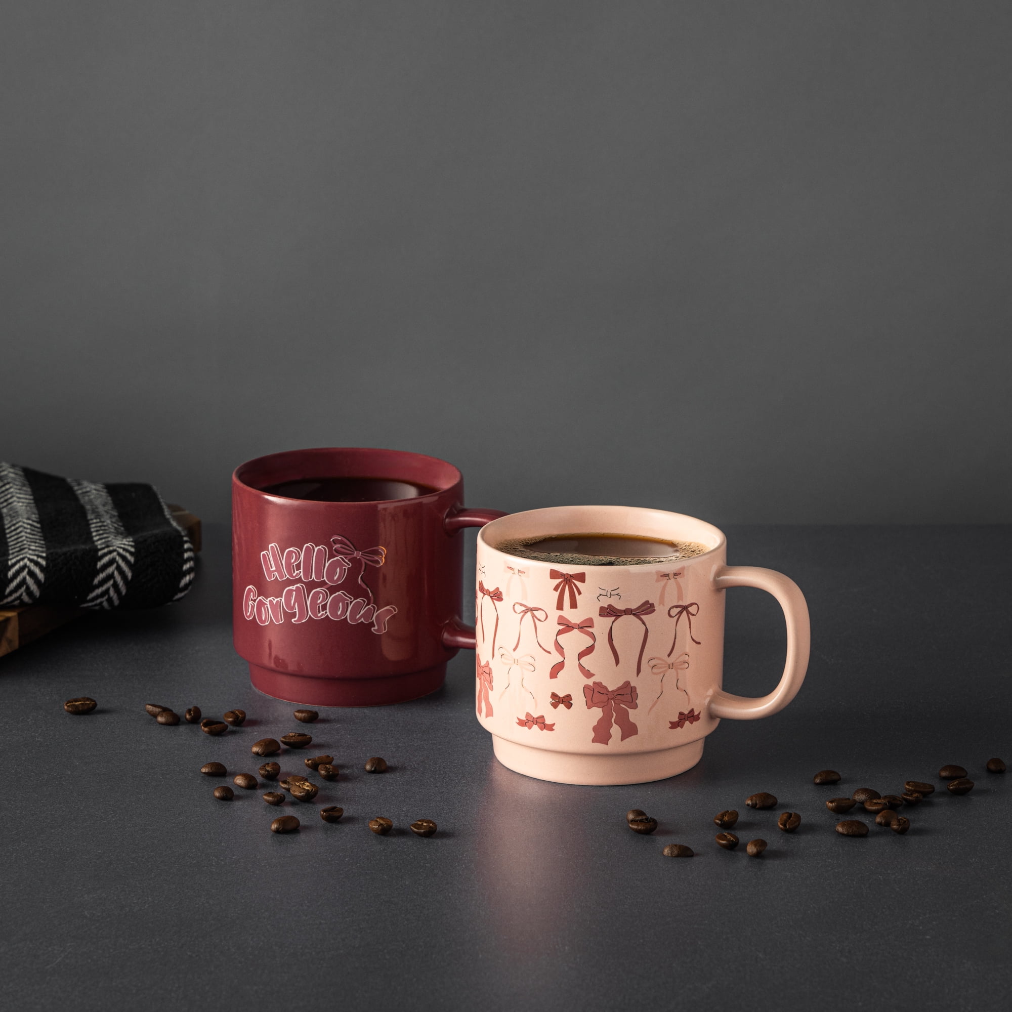 Thyme & Table 2 Pack Stacking Hello Gorgeous and Pink Bows Mugs 14.2 fl oz, Stoneware