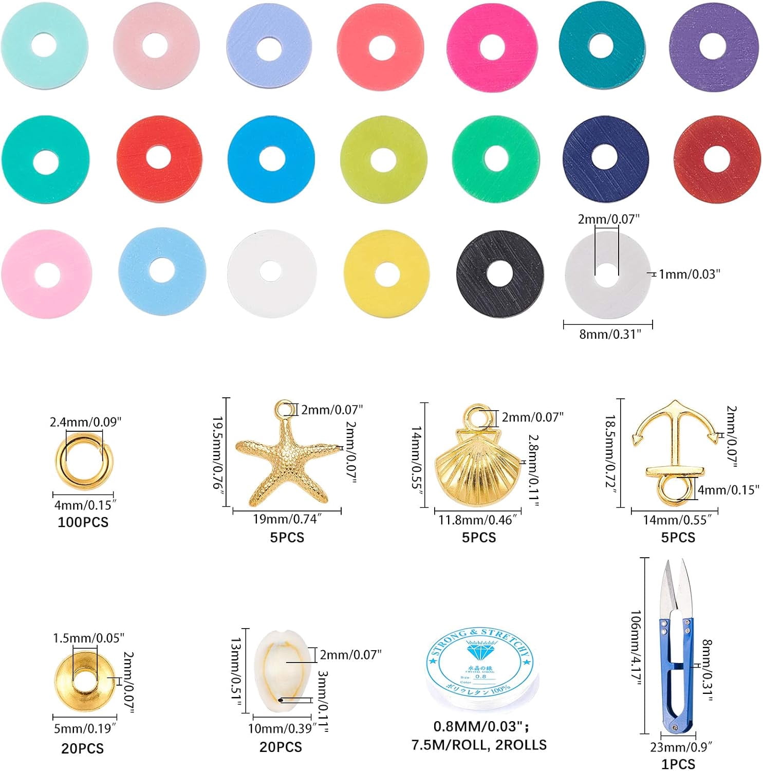 Handmade Polymer Clay Beads 4000 Pcs 20 Colors Flat Round Spacer Beads with Alloy Pendants and Cowrie Shell Beads for DIY Jewelry Necklace Bracelet Earring Craft Making