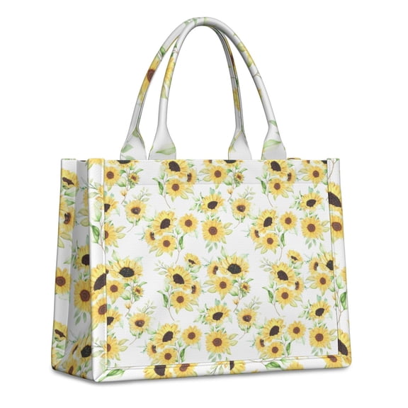 Large Capacity Tote Bag,White Green Leaf Small Sunflower Pattern Handbag Fashion Luxury Tote Bag,15.7"x13"x 5.1" Inches,Laptop Compatible