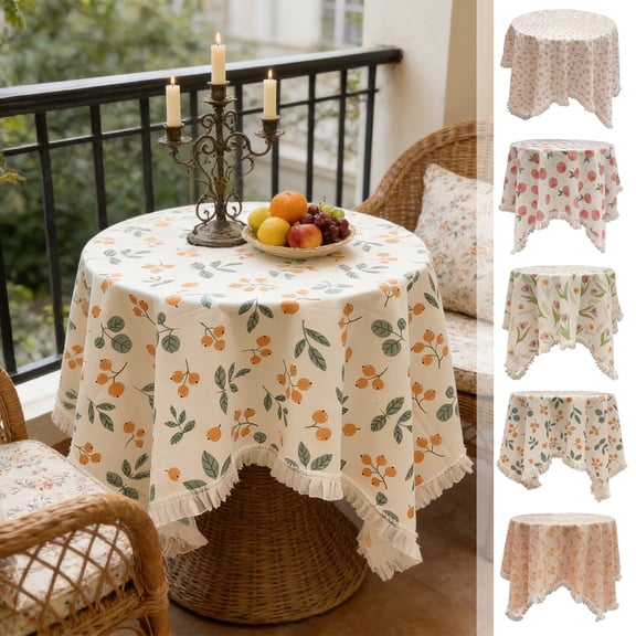 Round Tassel Lace Tablecloth - Fruit & Floral Print Decorative Table Cover, Soft Polyester Fabric Easy to Clean for Home Kitchen, Bedroom, Dining Room, Tea Parties & Holiday Gatherings, 35*35in, A
