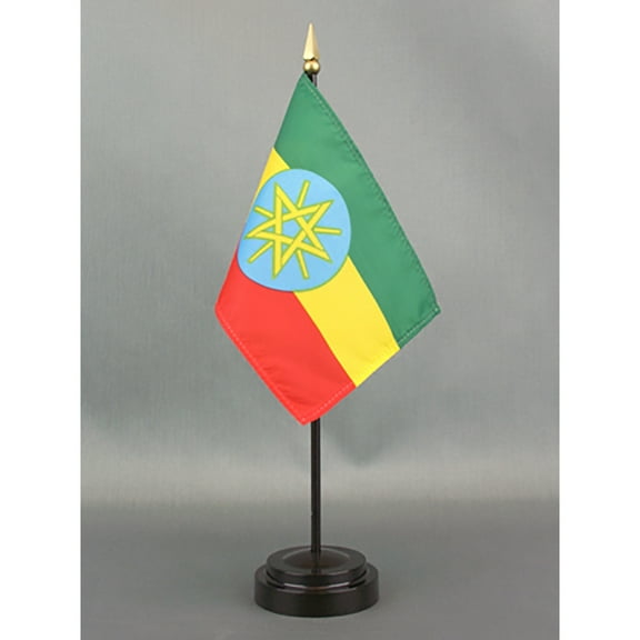 Made in The USA. 2 Ethiopia Rayon 4"x6" Miniature Office Desk & Little Hand Waving Table Flags Includes 2 Flag Stands & 2 Small Mini Ethiopian Stick Flags, Also Includes Ethiopia Flag Lapel Pin.