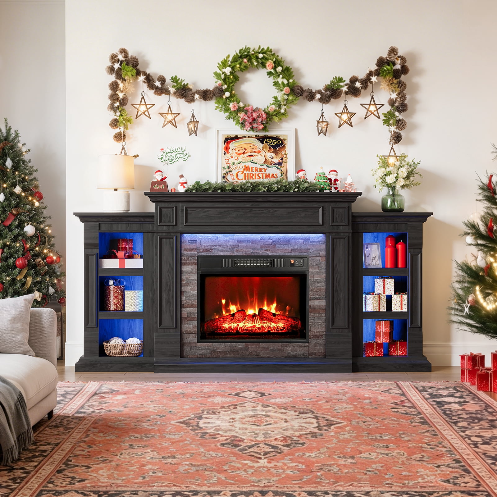 LGHM 72" Electric Fireplace TV Stand with Mantel, Farmhouse Entertainment Center for TVs up to 80" with LED Light, Black