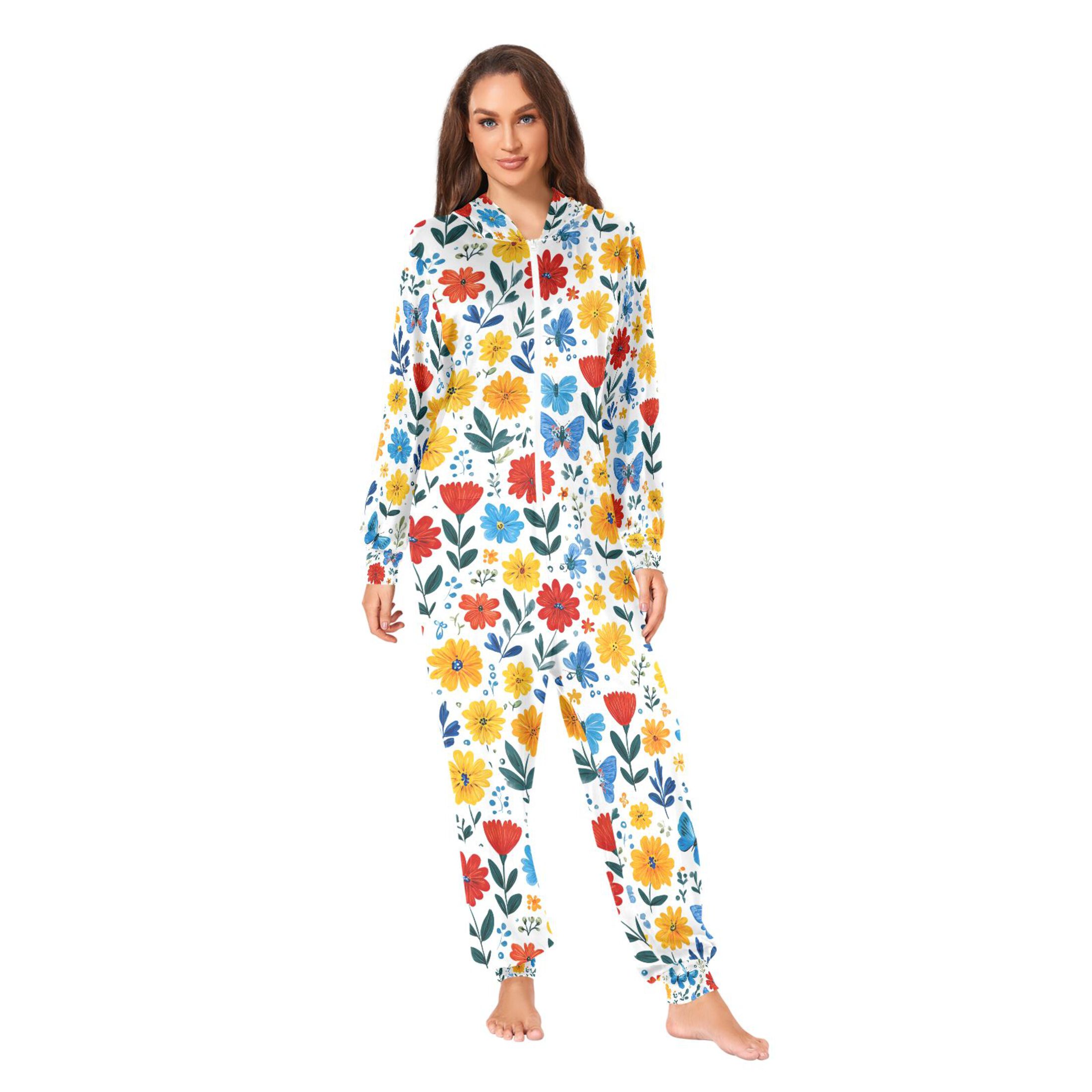 Adult Christmas Onesie Watercolor Flowers Adult Zipper One-Piece Pajamas Unisex Pajamas with Pockets