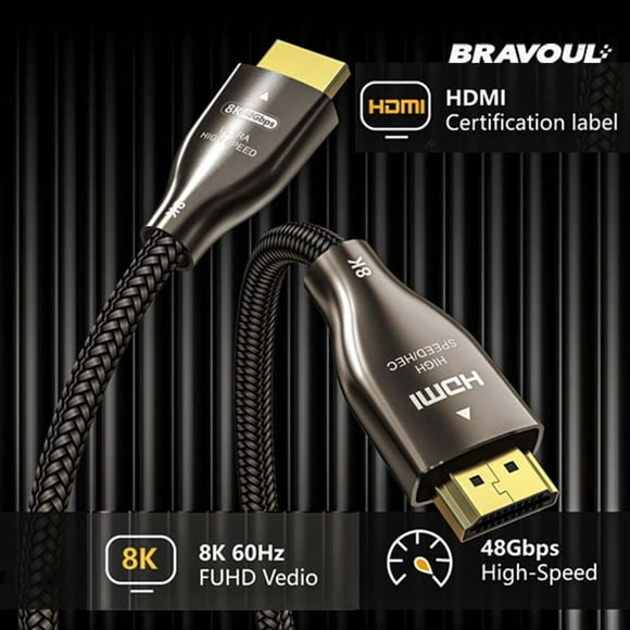 Bravoul Cable HDMI 10K 8K 48Gbps 6.6 Pies, Cable HDMI Certificado de Ultra Alta Velocidad 4K 240Hz 144Hz 120Hz 8K60Hz 0.01ms HDR10+ eARC HDCP2.3 TV PC Monitor Proyector PS5 Xbox