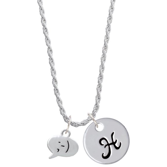 Delight Jewelry Silvertone Emoticon :- ) - Winking - Silvertone Script Initial Disc - H - Charm Necklace, 20"+3"