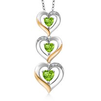 Gem Stone King 925 Silver and 10k Yellow Gold Green Peridot and White Lab Grown Diamond Triple 3 Heart Shape Pendant Necklace for Women (1.10 Cttw, with 18 inch Chain)