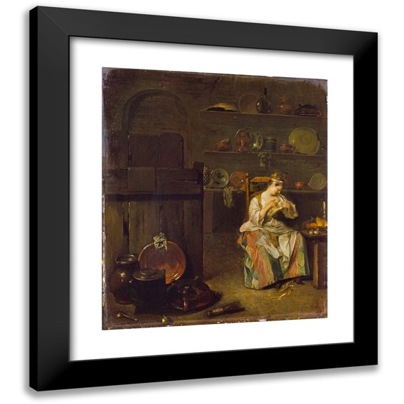 Nicolas Lancret 12x14 Black Modern Framed Museum Art Print Titled - A Young Woman in a Kitchen (C.1720-1725)