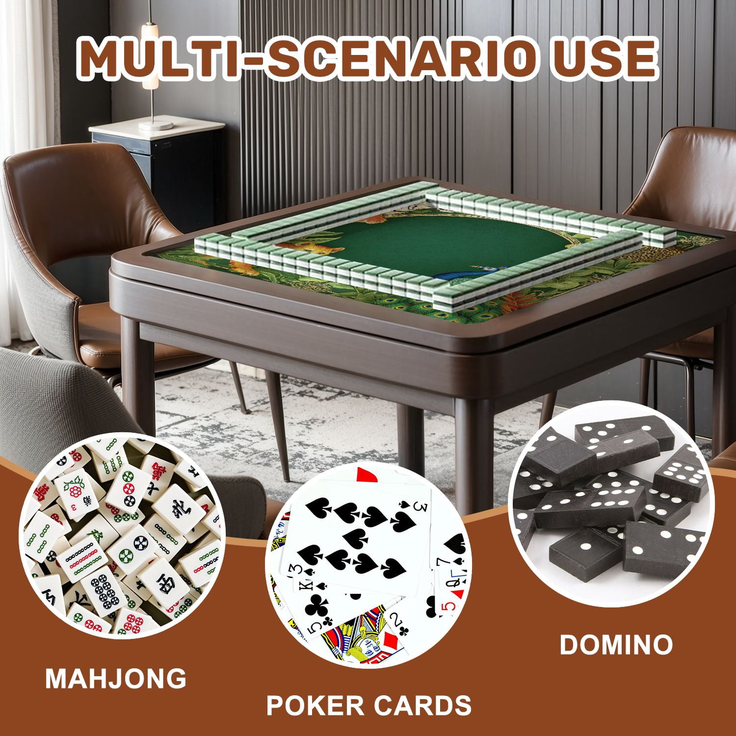 Mahjong Mat 31.5" x 31.5" Wildlife Jungle Scene Tiger Leopard Lion Peacock Greenery Non-Slip Noise Reduction American Mahjong Tiles Table Cover for Dominoes Poker Card Board Games Gift