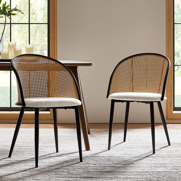 2 Pieces Ratten Dining Chairs High Elasticity Sponge Seat Kitchen Restaurant White