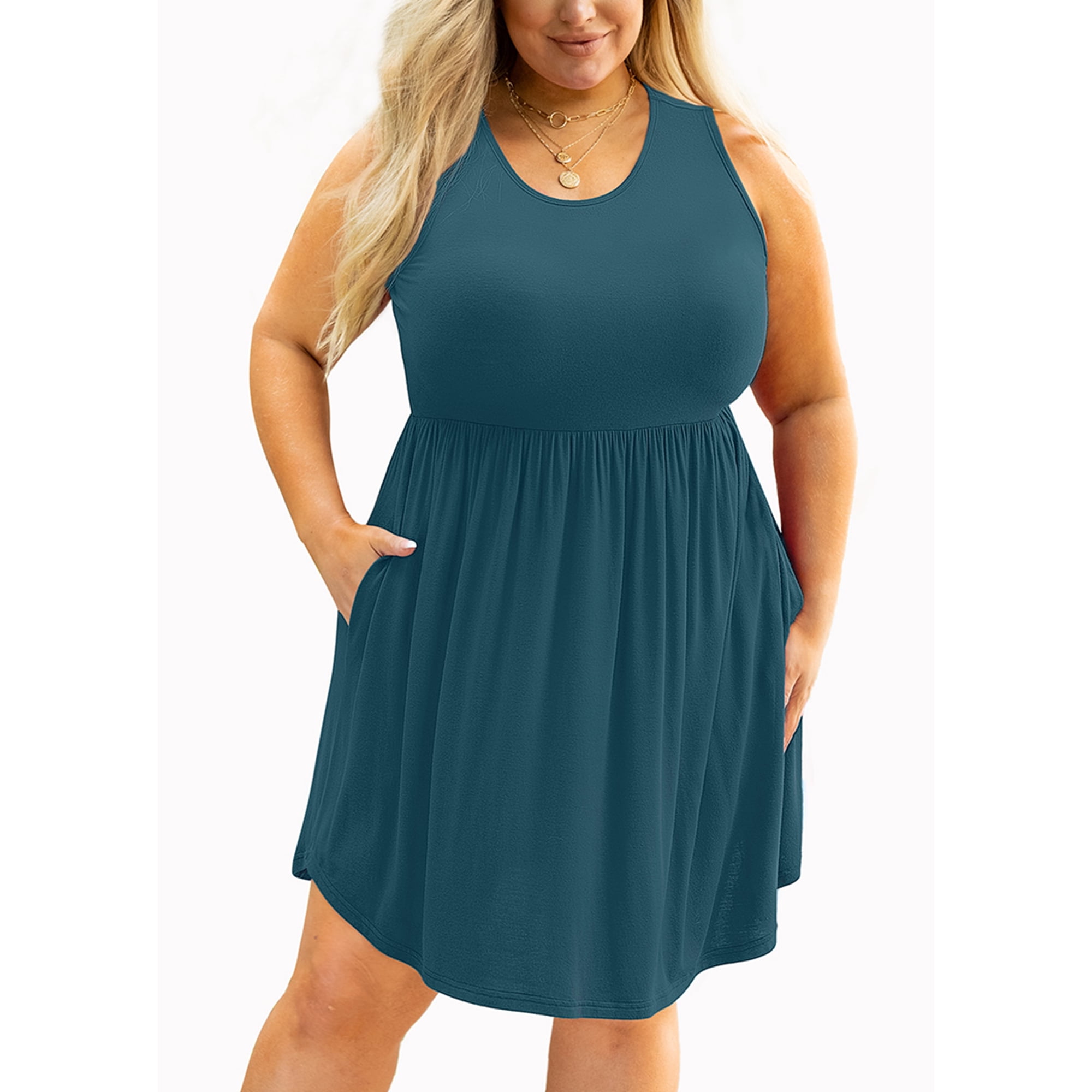 SHOWMALL Plus Size Summer Dress for Women Lake Blue Casual Sleeveless Crewneck Flowy Pleated Sun Beach Boho Elegant Girls Babydoll Swing Dresses with Pockets