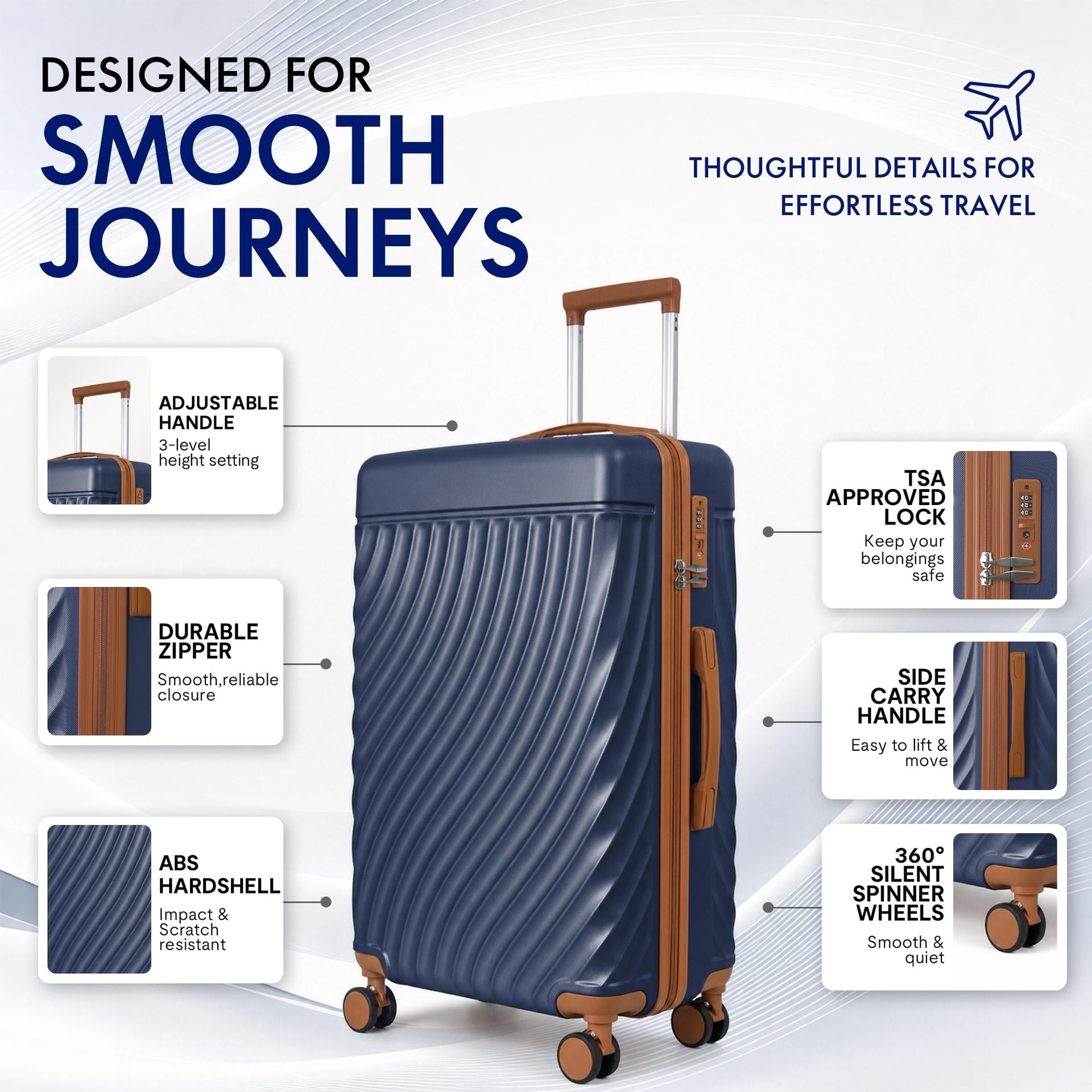 3-Piece ABS Hardshell Luggage Set, Lightweight Durable Suitcases with 4 Silent Spinner Wheels & TSA Lock, Wave-Embossed Scratch-Resistant Shell, 20/24/28 Inch, Navy Blue