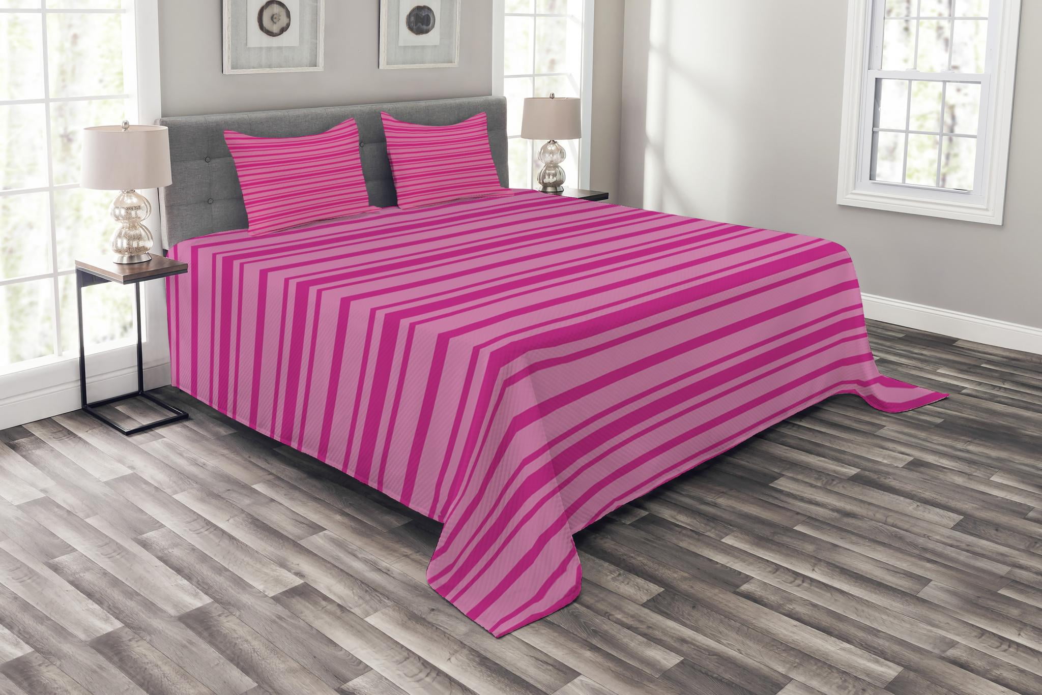 Hot Pink Bedspread Set, Horizontal Bold and Thin Stripes in Pink Tones